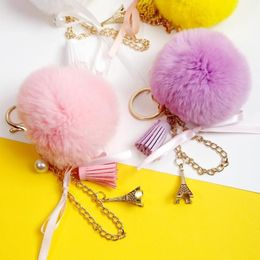 Keychains 2021 Lovely Eiffel Tower Natural Fur Pompom Furry Ball Keychain For Women Key Chains Bag Imititated Pearl Pendent D521239f