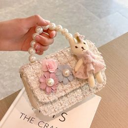 Children Wallet Small Bag Cute Girl Classic Coin Purse Tweed Handbag Flower Beading Princess Kid Money Baby Shoulder 240307
