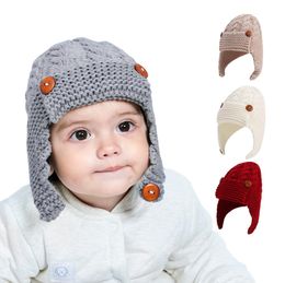 Baby Knit Cap Kids Crochet Buttons Hat Girls boys Cute warm Caps 5 Colours Autumn Winter Children Woollen Knitted Hats Casual Headge5824221