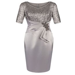 Half Sleeves V Neck Sequins Light Silver Gray Knee Length Mother of the Bride Dresses for Wedding Party Mother of the groom Dresse2973