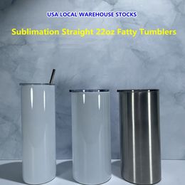 USA STOCKS Sublimation 22oz Straight Fatty Tumblers Stainless Steel Double Wall Insulated Vacuum Blanks White Skinny Water Bottle269y