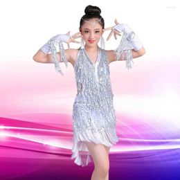 Stage Wear Children Fashion Latin Sequin Dress Girl V-neck Tassel Dancing 4colors Show Costume Fringe