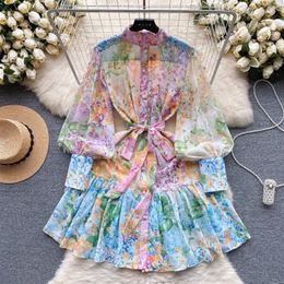 Casual Dresses New Summer Holiday Beach Short Dress Women's Stand Long Lantern Sleeve Floral Print Sashes Lace Up Chiffon Loose Vestidos 2024