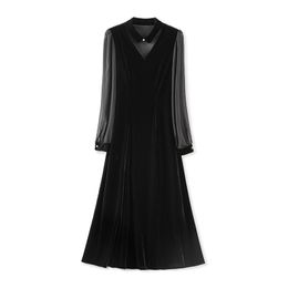 2024 Spring Black Solid Colour Panelled Dress Long Sleeve V-Neck Long Maxi Casual Dresses W4M014111