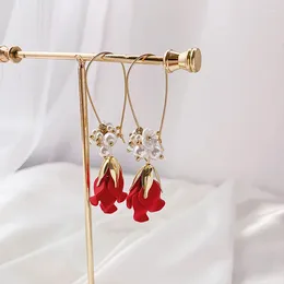 Stud Earrings Red Rose Petal Year Korean Online Ear Pendant High Sense 2024 Style Rings Elegant Fashion