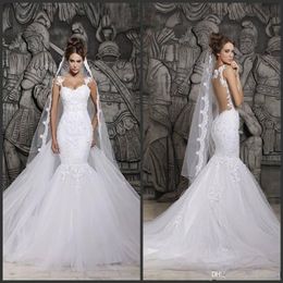 Berta Lace Wedding Dresses Sexy Illusion Back with Detachable Train Ivory Tulle Mermaid Spring Berta Bridal Gowns Custom Made226S
