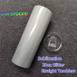 LOCAL WAREHOUSE Sublimation Glitter Straight Skinny Tumblers 20oz Stainless Steel Double Walled Insulated Vacuum Blanks Rainbow Wa236y