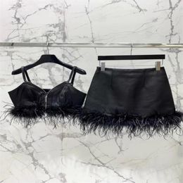 Skirts Brand Design | Early Autumn Hanging Strap Ostrich Hair Spliced Leather Skirt