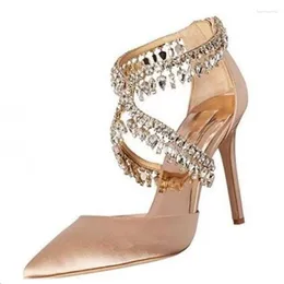 Sandals Champagne Satin Crystal Fringe Pointed Toe High Heel Pumps Cross Strap Cutouts Rhinestone Tassels Wedding Bride Shoes Women