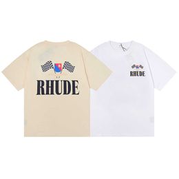 Spring/summer American Rhude Racing Flag Printed Mens and Womens Leisure Round Neck Short Sleeve T-shirt