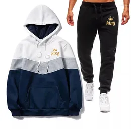 Men's Tracksuits Fashion Color Matching Tracksuit Spring Autumn Hooded Pullover Pants Suit Man King Printed Hoodies Two Piece Set (S-4XL)