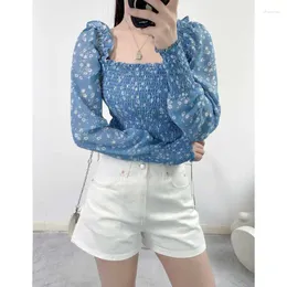 Women's Blouses Women Shirts 2024 Summer Floral Embroidery Square Collar Long-sleeved Tops