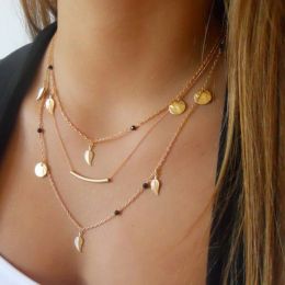 New Chain Beads Leaves Pendant 14k Yellow Gold Necklace Fashion Jewellery Multi Layer Necklaces for Women Collier Femme Accessories