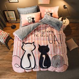 Luxury Bedding Set Flannel Cartoon Pink Cat Duvet Cover Set Queen Size Bed Linen Valentine Cute Bed Sheet Kids Bedding T200706343O
