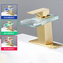 Bathroom Sink Faucets Tianview LED Light-emitting Tri-color Temperature Control Glass With Lights Hydroelectric Brushed Gold Cold And Basin