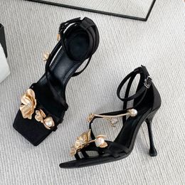 Sandals Summer Women's High-heeled Cool Metal Flower Flat-strap Stiletto Square Toe French Shoes