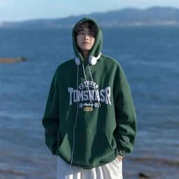 Dark Green Letter Printed American High Street Men's Hoodie, Spring Autumn Trendy Brand, Loose and Versatile Student Coat