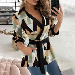 Women's Blouses Soft Fabric V-neck Top Slim Fit Women Shirt Geometric Print Office Lady Stylish Long Sleeve With For