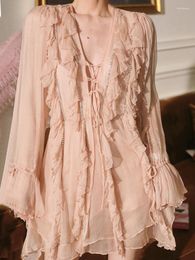 Casual Dresses Elegant Sweet Chain Double Layered Ruffle Edge Pink Dress Loose V-neck Mini Skirt Women 2024 Spring Winter X697