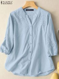 Shirt 2023 Summer Elegant V Neck 3/4 Sleeve Blouse Women Embroidery Tops ZANZEA Fashion Lace Crochet Solid Shirt Casual Holiday Blusas