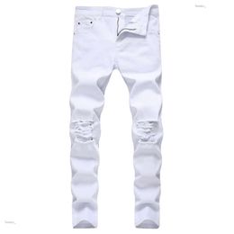 Designer White Mens Jeans Ripped Distressed Black Skinny Denim Hip Hop Button Stretch Pants Thekhoi-6 556