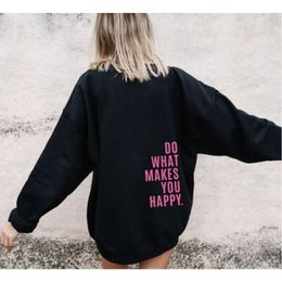 Plus Size „Do What Makes You Happy“-Sweatshirt-Hoodie für Frauen, verkürzter Buchstabendruck, mit Kapuze für Damen, Frühling, lockere Tasche, Langarm, Damen-Streetwear-Pullover