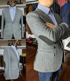 Jackets 2022 Vintage Herringbone Tailored Man Jacket Grey Tweed Blazer For Men Patchwork Hombre Slim Fit Custom Made Terno Masculino