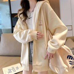 Harajuku Kawaii Grey Zip Up Hoodie Women Sweet Cute Cartoon Beige Hooded Sweatshirts Oversize Korean Fleece Girly Y2k Top 240223