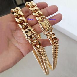 16MM 18MM Men Hip Hop Cuban Link Necklaces Bracelets 316L Stainless Steel Choker Jewelry High Polished Casting Chains Double Safet208B