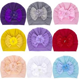 Newborn Baby Solid Color Pearl Bows Elastic Turban Kids Beanie Hat Infant Bowknots Caps Fashion Headwear4428462