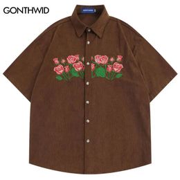 Corduroy Shirt Harajuku Embroidery Floral Short Sleeve Shirts Men Women Summer Fashoin Casual Short Sleeve Shirt Brown Blue 240307