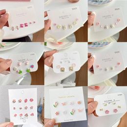 Stud Earrings Korea Cute Pink Color Flower Bowknot Metal Pearl Earring For Girl Women Butterfly Small Set Jewelry Gifts