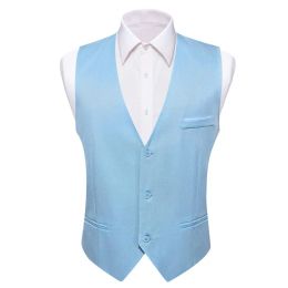 Jackets Designer Vest for Men Silk Light Blue Solid Plain Slim Fit Waistcoat Sleeveless Jacket Weddding Business Formal Tops Barry