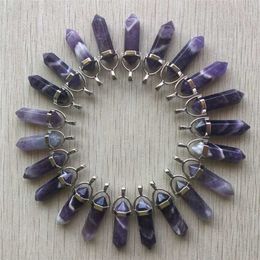 24pcs lot Whole Fashion Natural stripe amethysts Charms Hexagonal healing Reiki Point pendants for jewelry making 211014175H