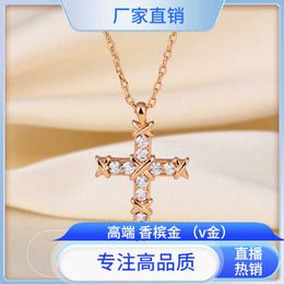 T Family Full Diamond Cross Necklace Pendant with Champagne Gold Plating High end Unique Design Light Luxury Fashionable Collar Chain