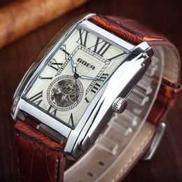 GOER Relogio Masculino Top Brand Luxury Skeleton Watches Men Leather Band Rectangle Automatic Mechanical Wrist Watches For Men D18229t