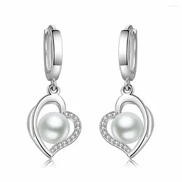 Dangle Earrings Love Heart Pearl & Crystal Zircon Diamonds Gemstones Drop For Women White Gold Silver Colour Trendy Jewellery Bijoux Gifts