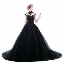 2019 Ball Gown Black Gothic Wedding Dresses High Neck Lace Tulle Corset Lace-Up Back Women Non White Bridal Gowns With Colour Custo235S