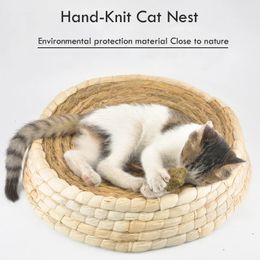 Straw Woven Cat Bed Bird Nest Cat Scratching Board Bowl-Shaped Pet Nest Cat Toy Supplies Hand-Woven Puppy Kennel Cat Straw Bed 240301