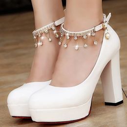 Rimocy Crystal Ankle Strap Pumps Women Chunky Platform Super High Heels Shoes Woman Autumn Thick Heeled Party Wedding Shoes 240227