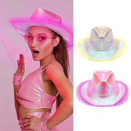 Western Style Cowgirl Hat Retro Style Sequins LED Light Brim Jazz Top Hat Birthday Party Nightclub Felt Cowboy Cap for Men Women 240228