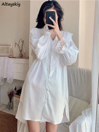 SleepShirt Spring Solid Lace Sexy Comfortable Simple Korean Style Design Elegant Vneck Leisure Loose Fashion Retro 240228