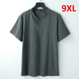 9XL Linen T-shirt Men Summer Solid Colour Tshirt Fashion Casual Linen Tees Tops Male Henley Collar T Shirt Plus Size 8XL 9XL 240304