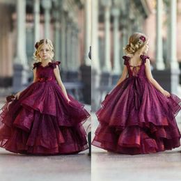 2021 Burgundy Flower Girl Dresses for Wedding Lace Beads 3D Floral Appliqued Little Girls Pageant Dresses Party Gowns Princess Wea2298