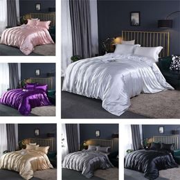 Upgraded 100% Satin Silk Bedding Set Luxury Quilt Duvet Cover and Pillowcase Bed Sheet Set Single Double Bedclothe Silky Bed Set 2303K