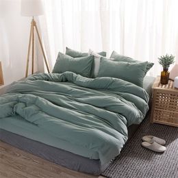 Nordic Simple Solid Bedding Set Adult Duvet Cover Sheet Linen Soft Washed Cotton Polyester Twin Queen King Green Blue Bedclothes 2299O