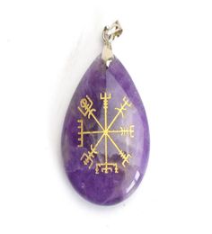 1 Piece Natural Chakra Amethyst Lapis Tiger Eye Stone Engraved Viking Rune Vegvisir Talsman Symbols Reiki Crystal Healing Teardrop3085920