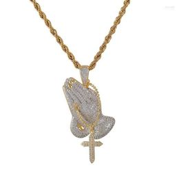 Pendant Necklaces Iced Out Cubic Zircon Praying Hands With Cross Charms Necklace Fashion Luxury Hip Hop Designer Jewellery Elle22255y