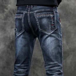 Jeans Mens Denim Stretch Slim Casual Trendy Pants Small Feet Fashion Work Daily Long Brand Male 240227