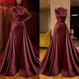 Burgundy Elegant Satin Ruched Evening Dresses With Detachable Train Long Sleeves Prom Party Gowns Arabic Aso Ebi Women Formal Occa278J